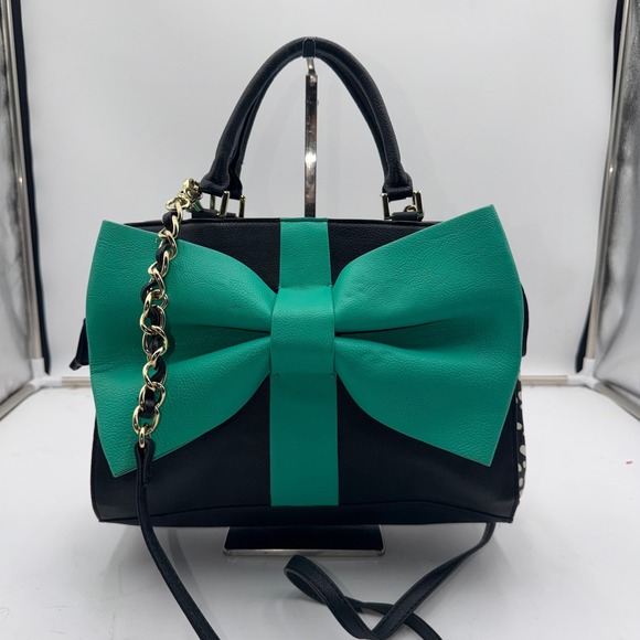 Betsey Johnson Handbags - Betsey Johnson Black Teal Green Bow Satchel Polka Dot Crossbody Handbag